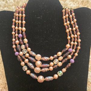 Vintage 4 strand Pinks Purples Glass Beaded Necklace